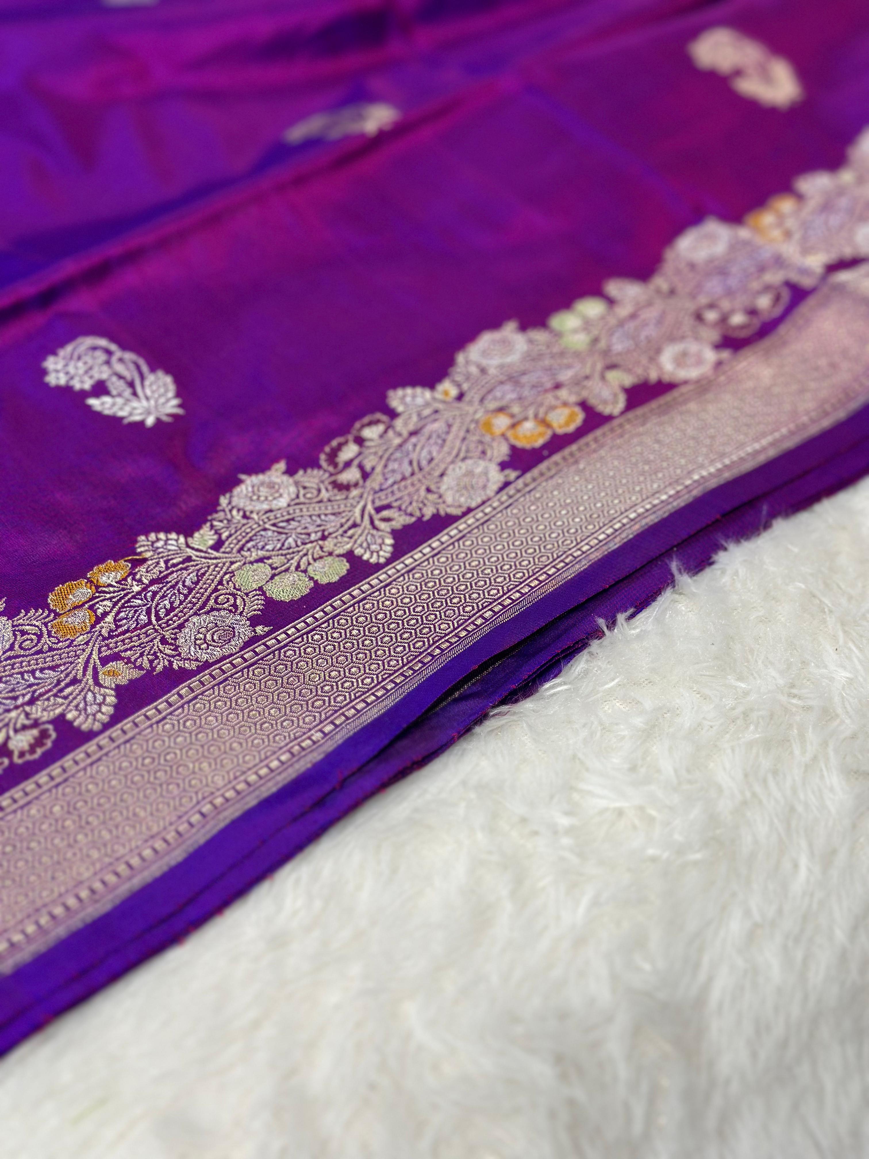 Royal Purple Pure Katan Silk Kadua Weave Banarasi Saree with Golden Buta