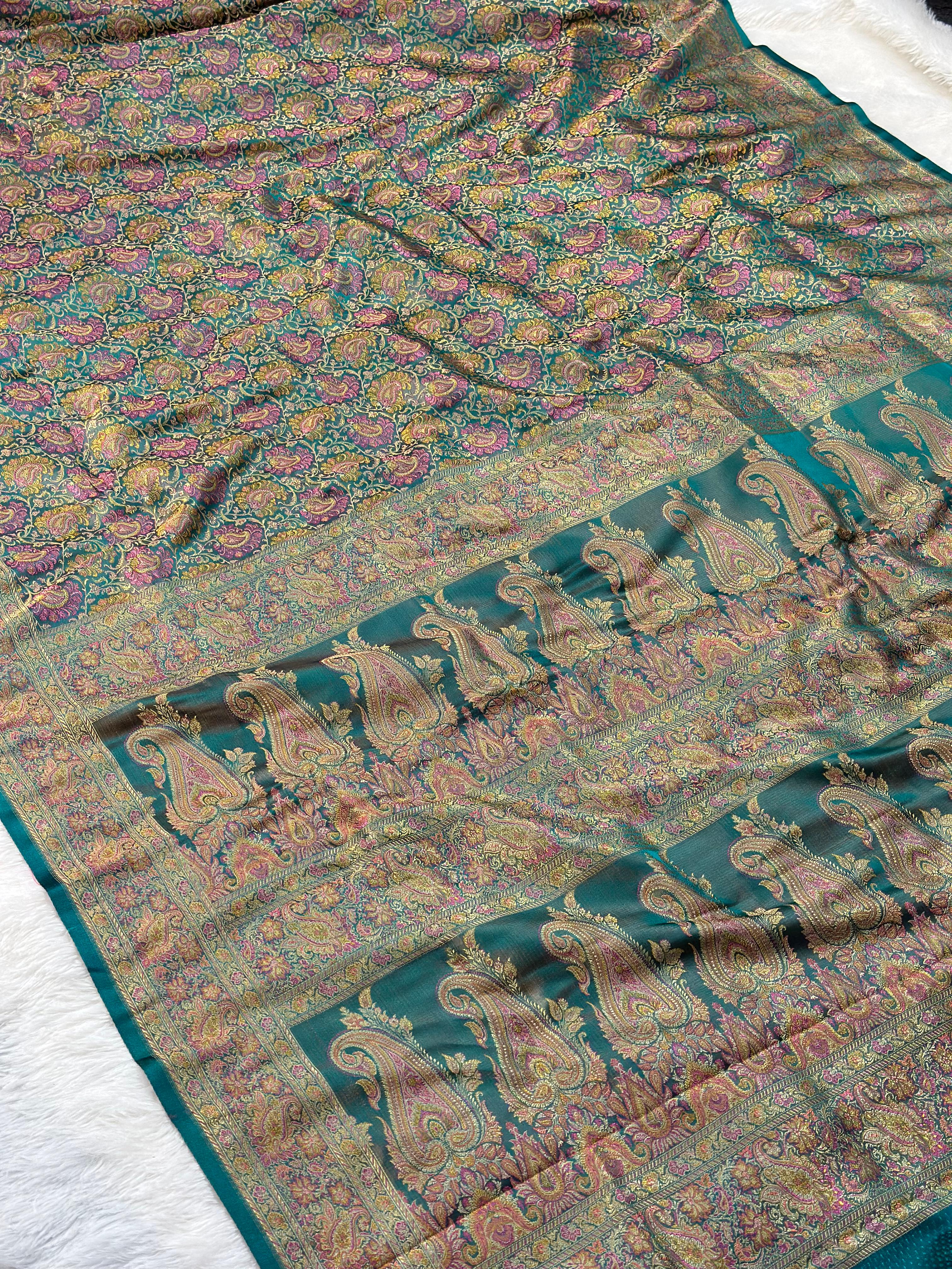 Satin Tanchui Jamawar Saree woven with golden zari multicolour paisley work