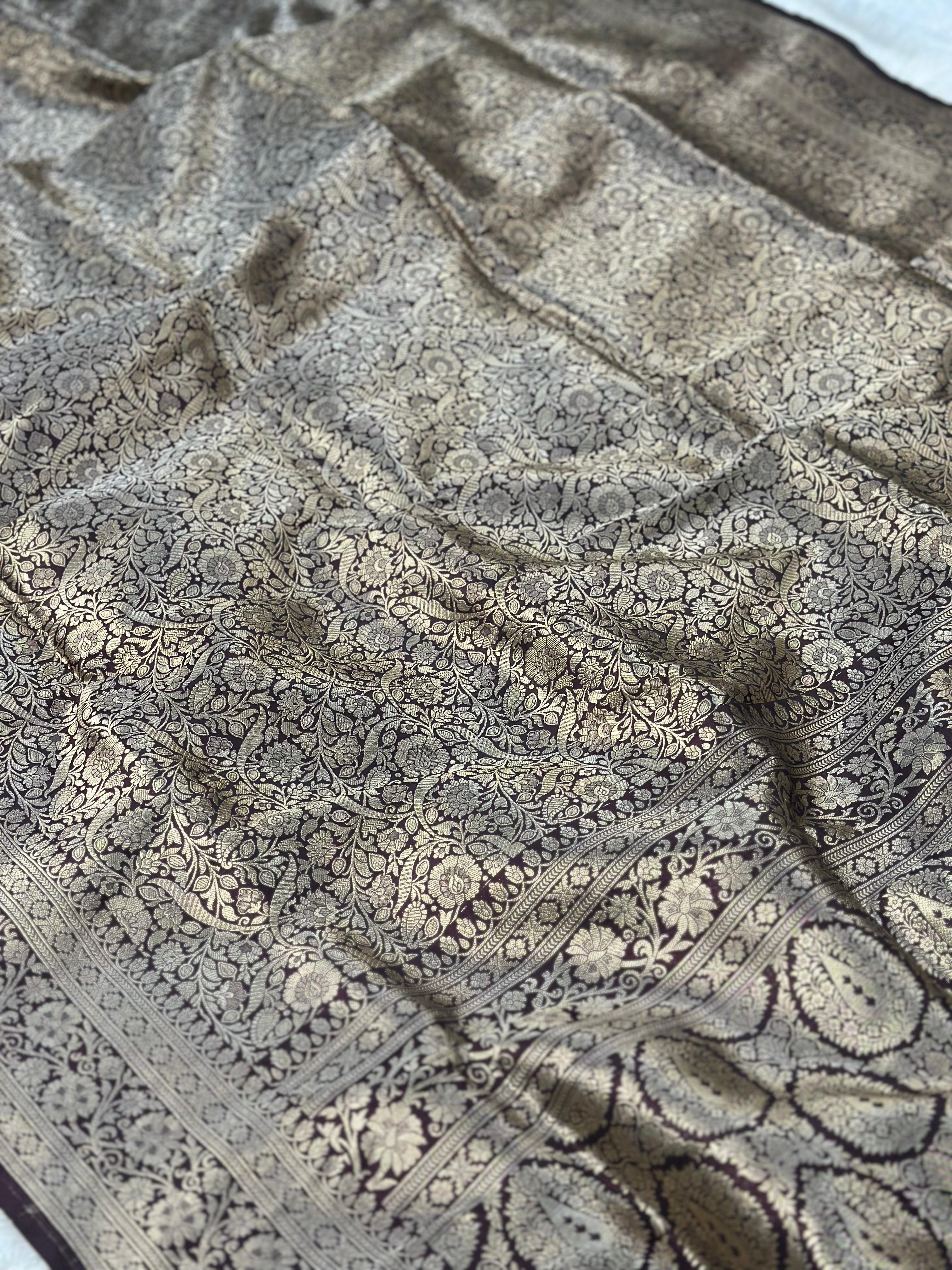 Pure katan silk banarasi saree woven with golden zari in brocade pattern
