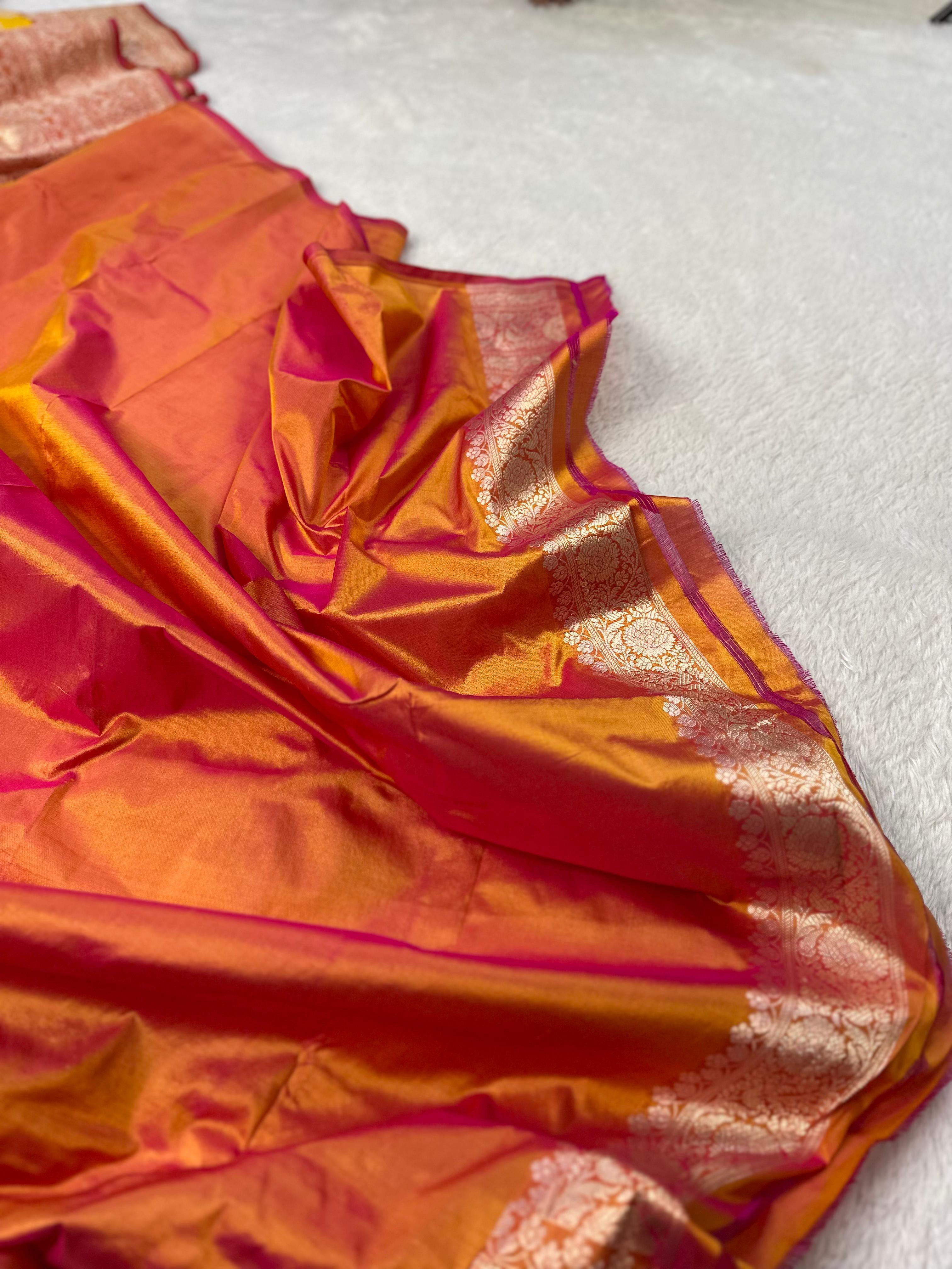 Pure Katan Silk Banarasi Saree Woven with Golden Zari in Jaal pattern
