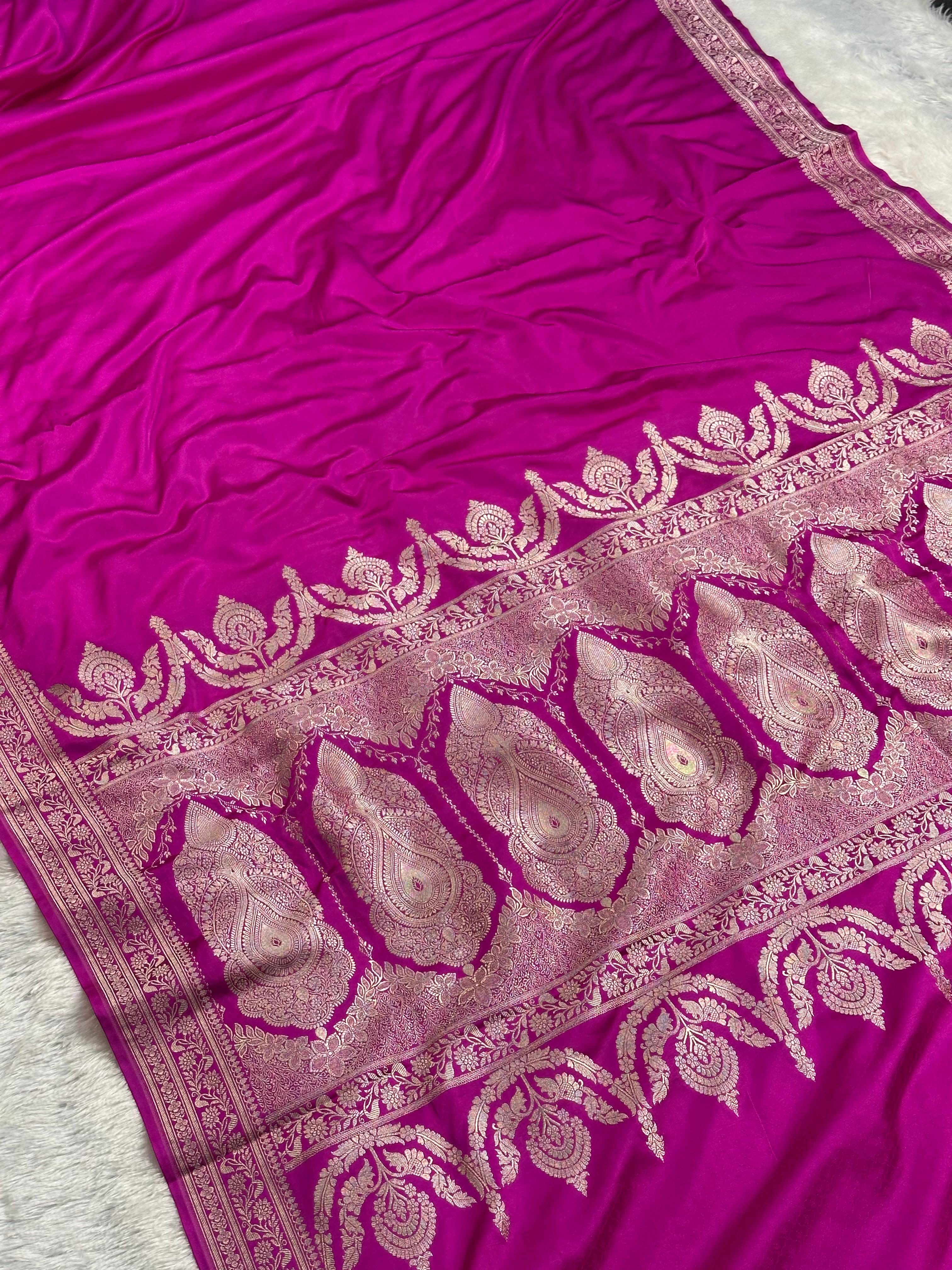 Mashru Silk Banarasi Saree Woven with Golden Zari in Plain with Grand Pallu