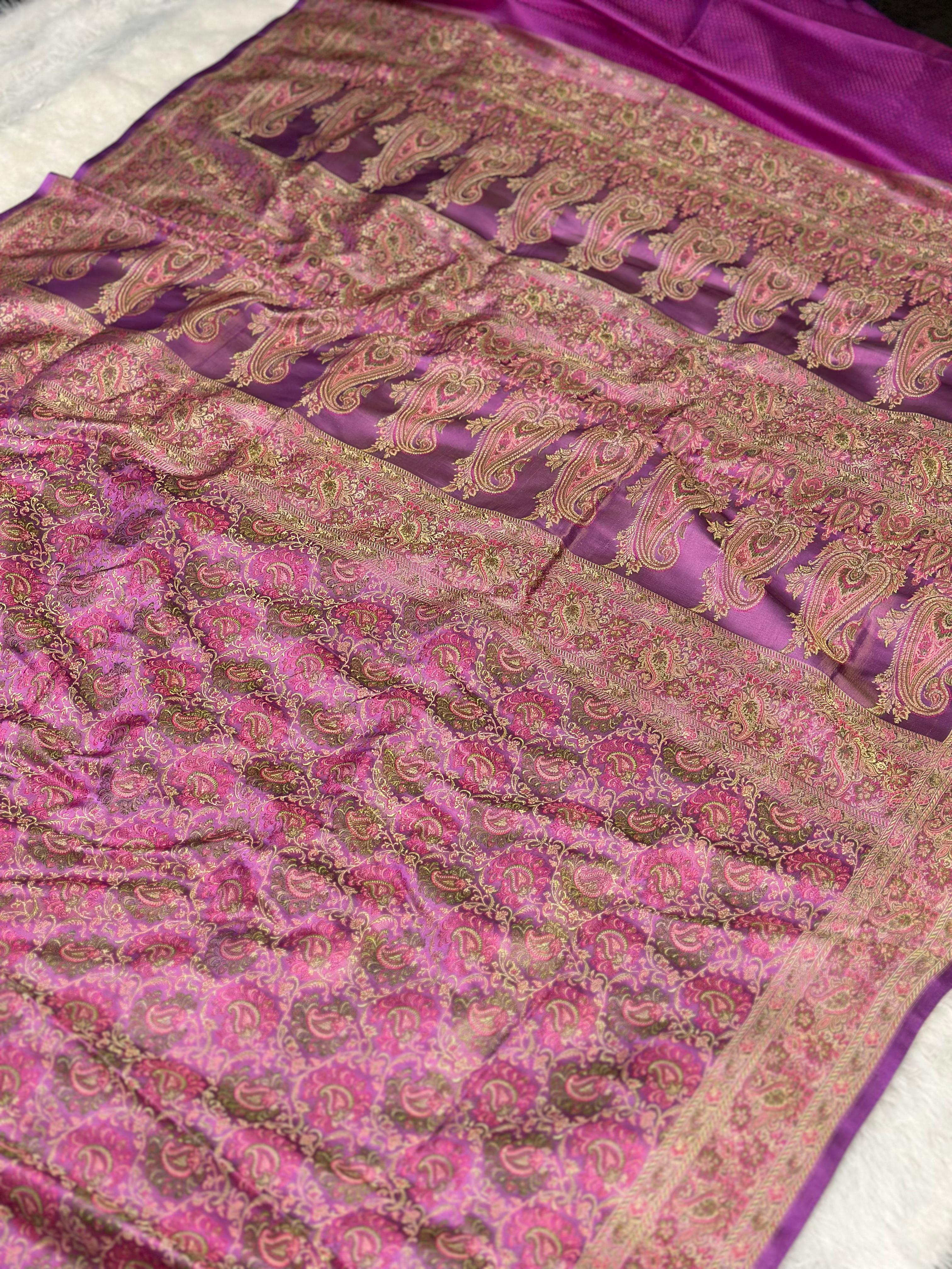 Satin Tanchui Jamawar Saree woven with golden zari multicolour paisley work
