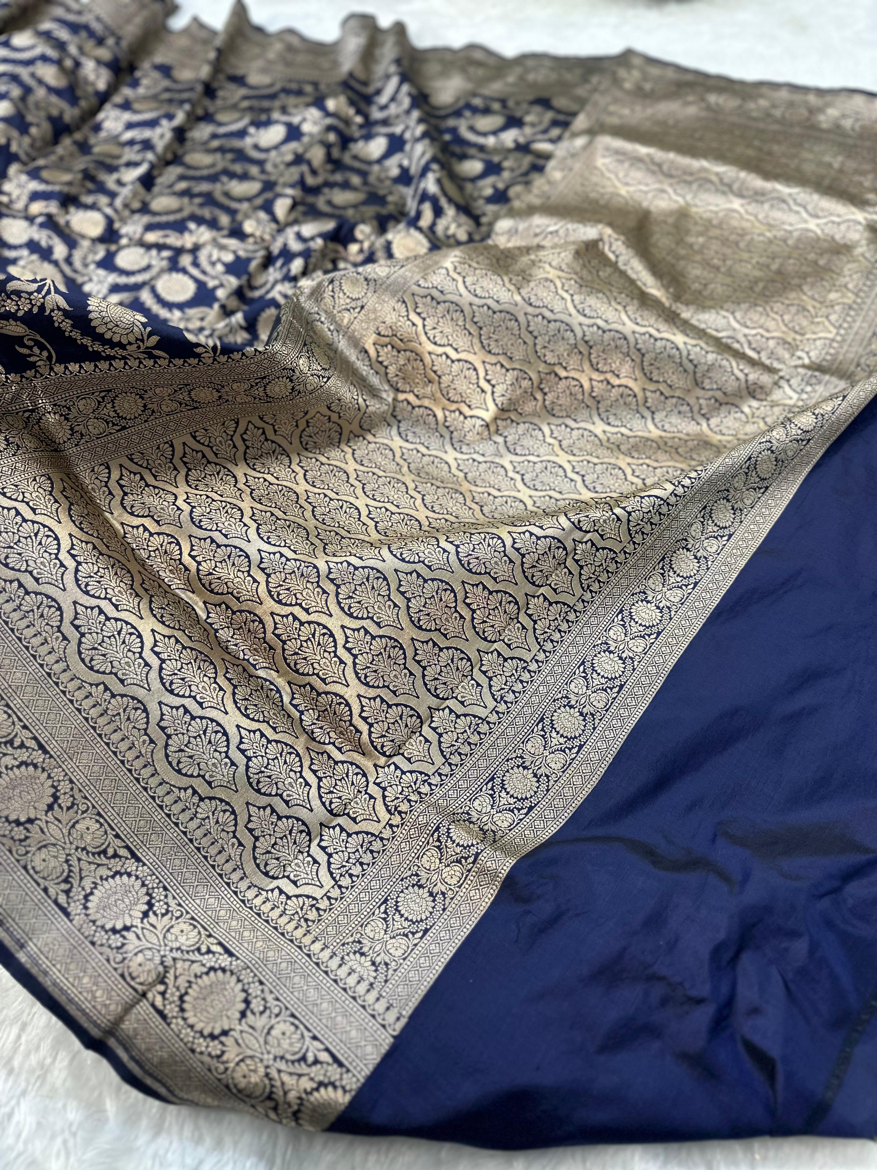 Pure Katan Silk Banarasi Saree Woven with Golden Zari in Jaal Pattern