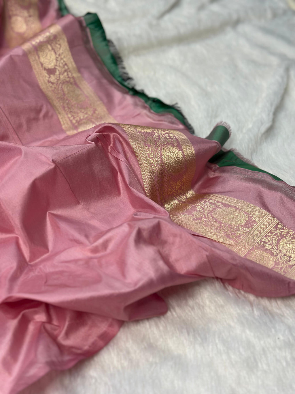 Pure katan silk banarasi saree woven with golden zari in buta pattern