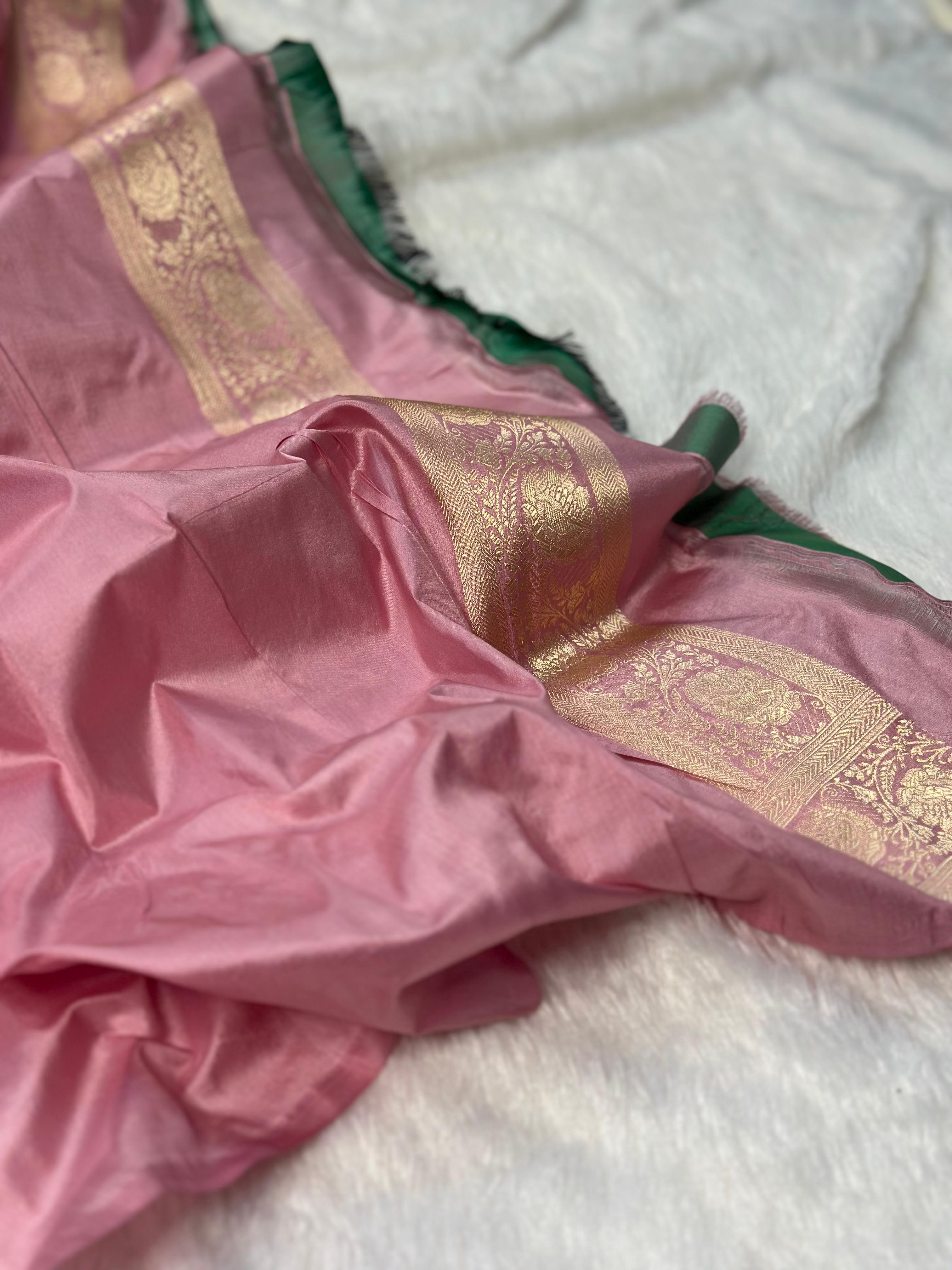 Pure katan silk banarasi saree woven with golden zari in buta pattern