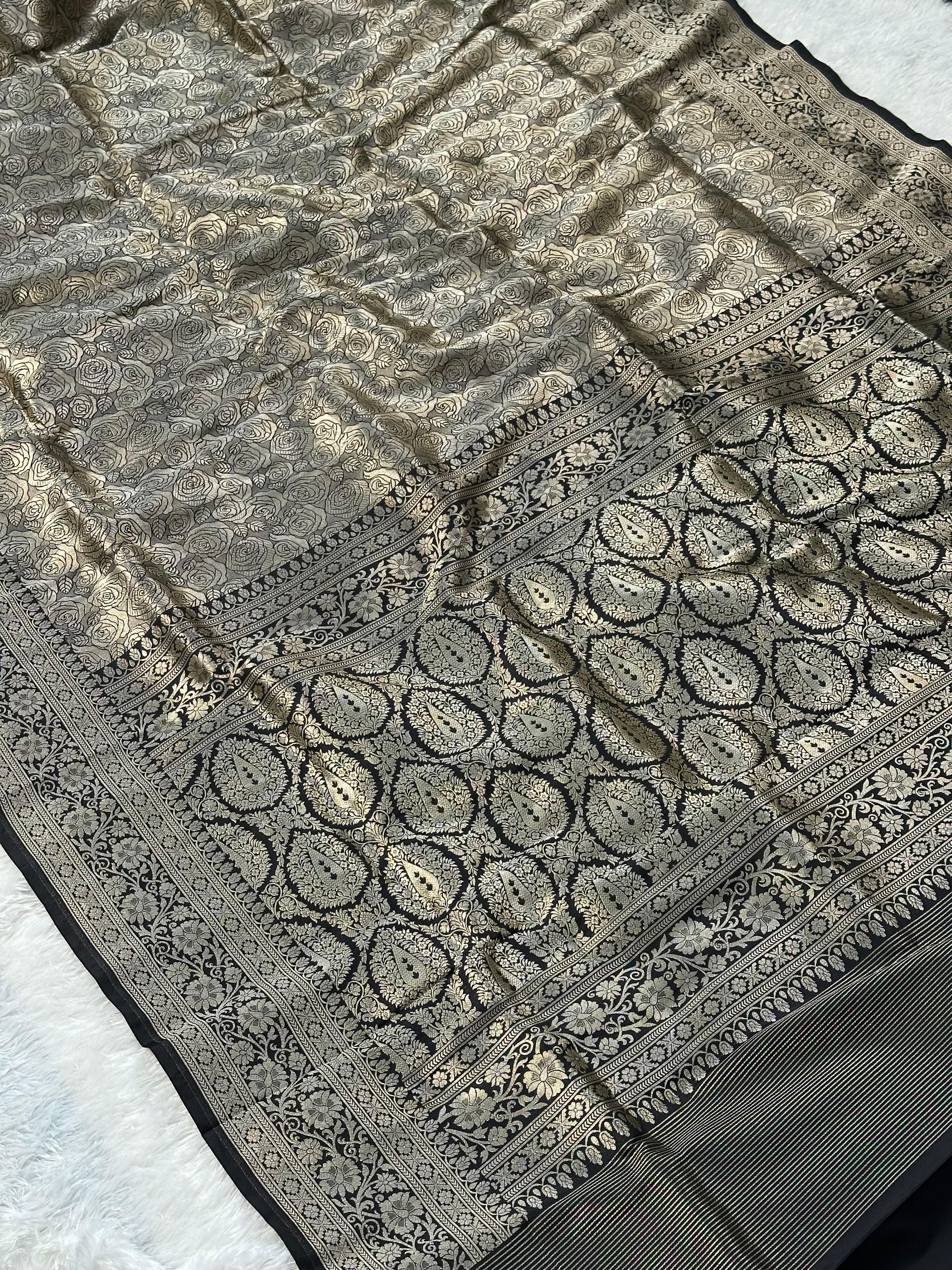 Pure Katan Silk Banarasi Saree Woven with Golden Zari in Brocade pattern