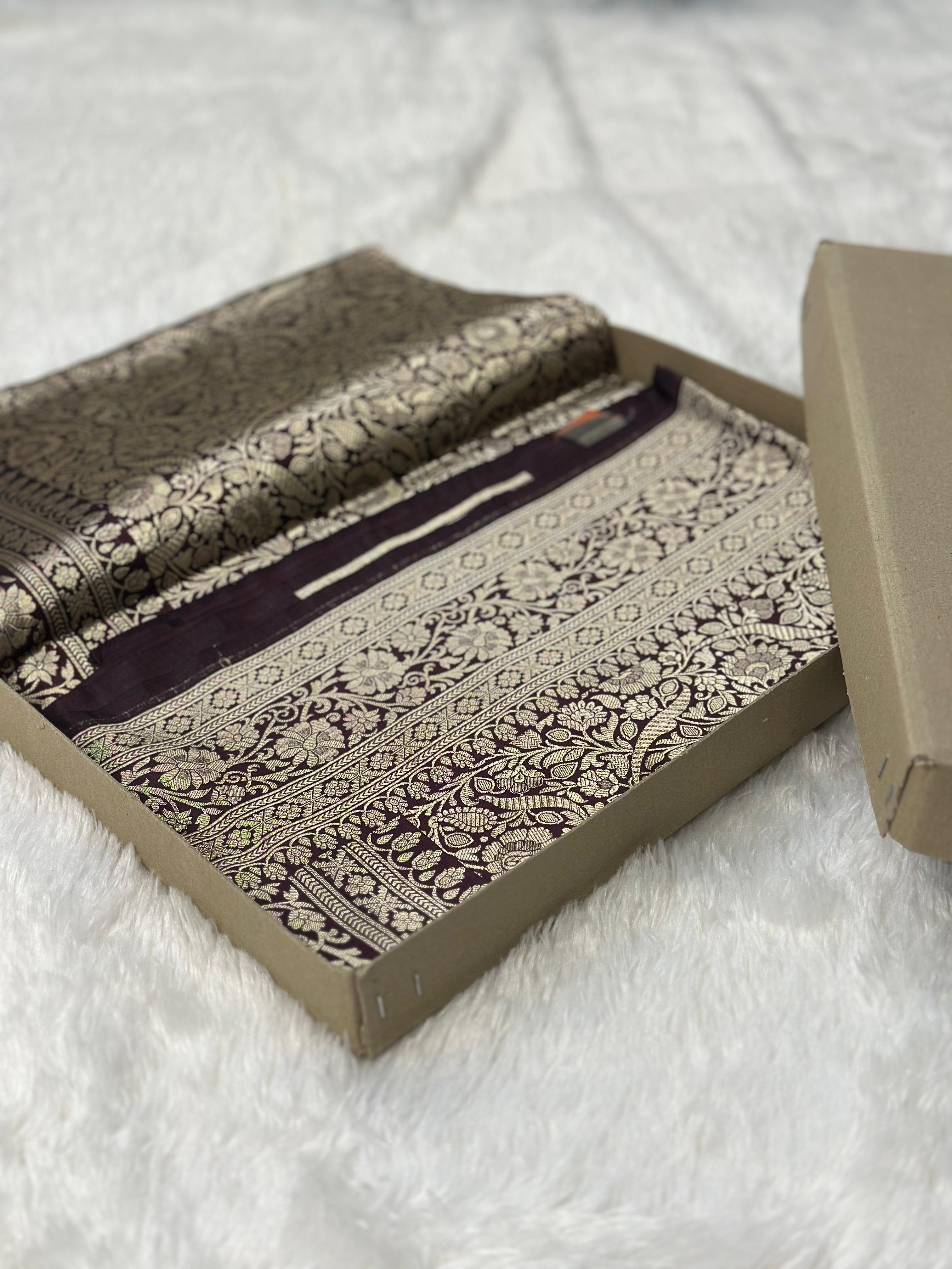 Pure katan silk banarasi saree woven with golden zari in brocade pattern