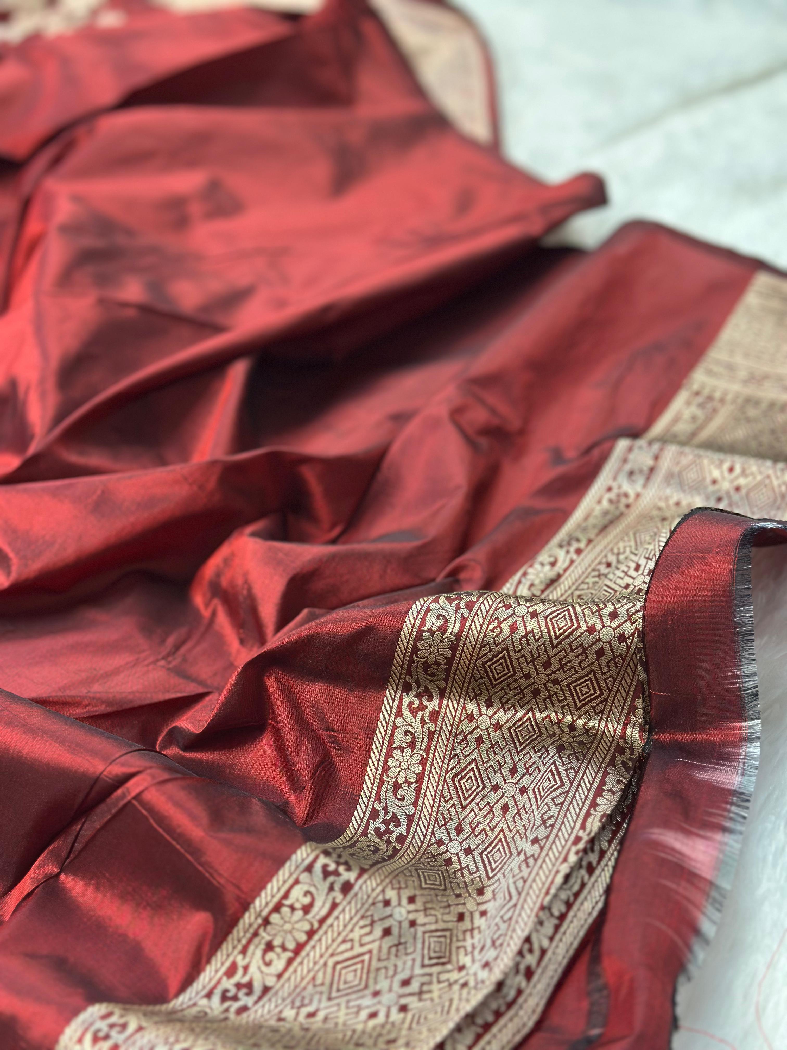 Pure katan silk banarasi saree woven with golden zari in jangla pattern