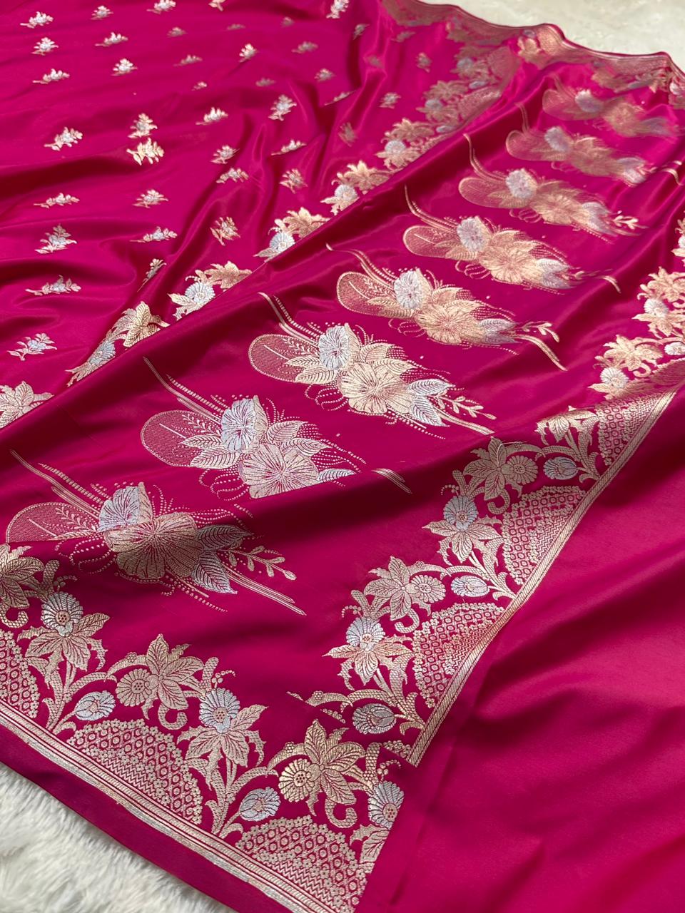 Mashru Silk Banarasi Saree Woven with Golden Zari in Buta Pattern