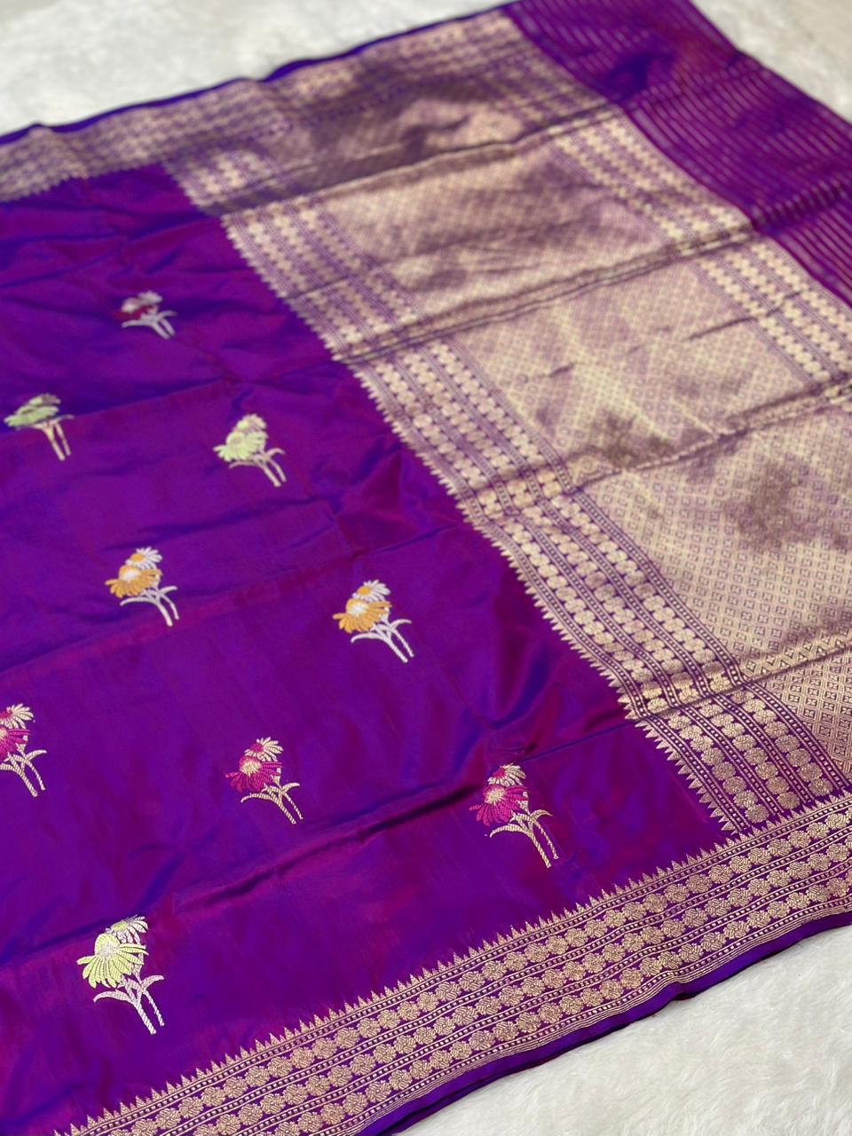 Royal Purple Pure Katan Silk Kadua Weave Banarasi Saree with Meenakari Buta