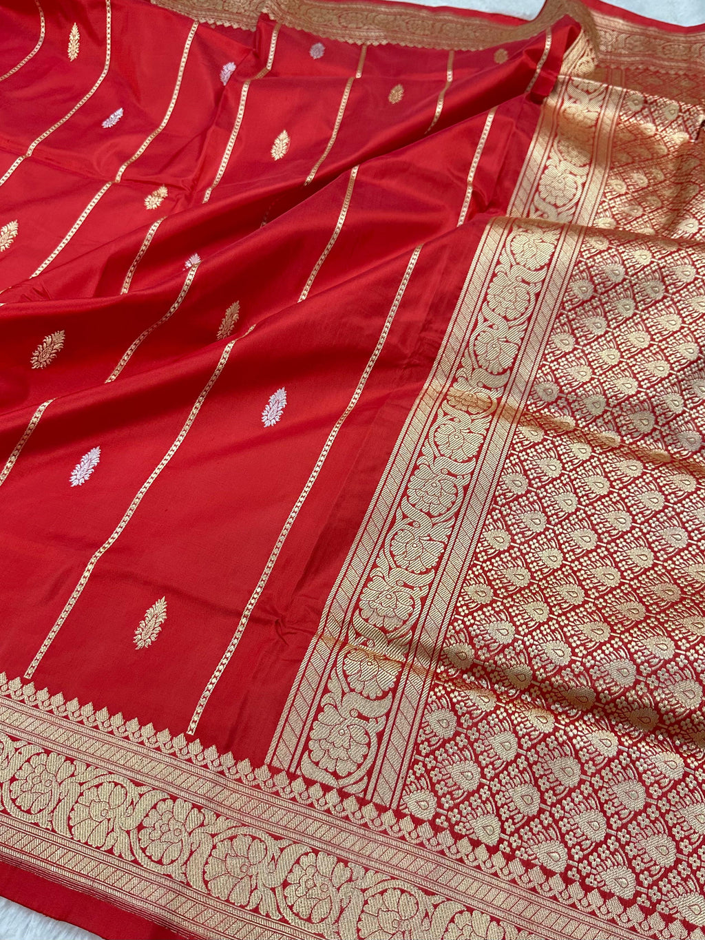 Bridal Red Pure Katan Silk Kadua Weaved Buti Saree.